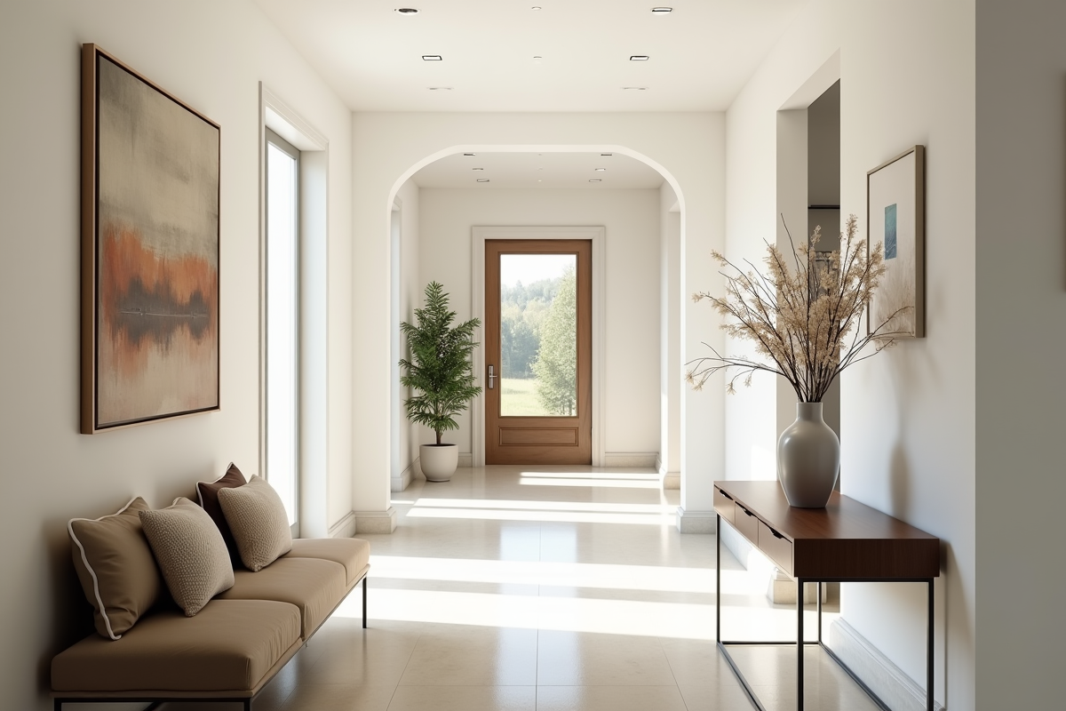 Entrée lumineuse avec banc et décoration dans une maison moderne