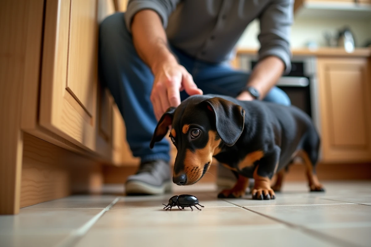 Homme regardant un scarab&eacute;e noir avec son chien dans la cuisine