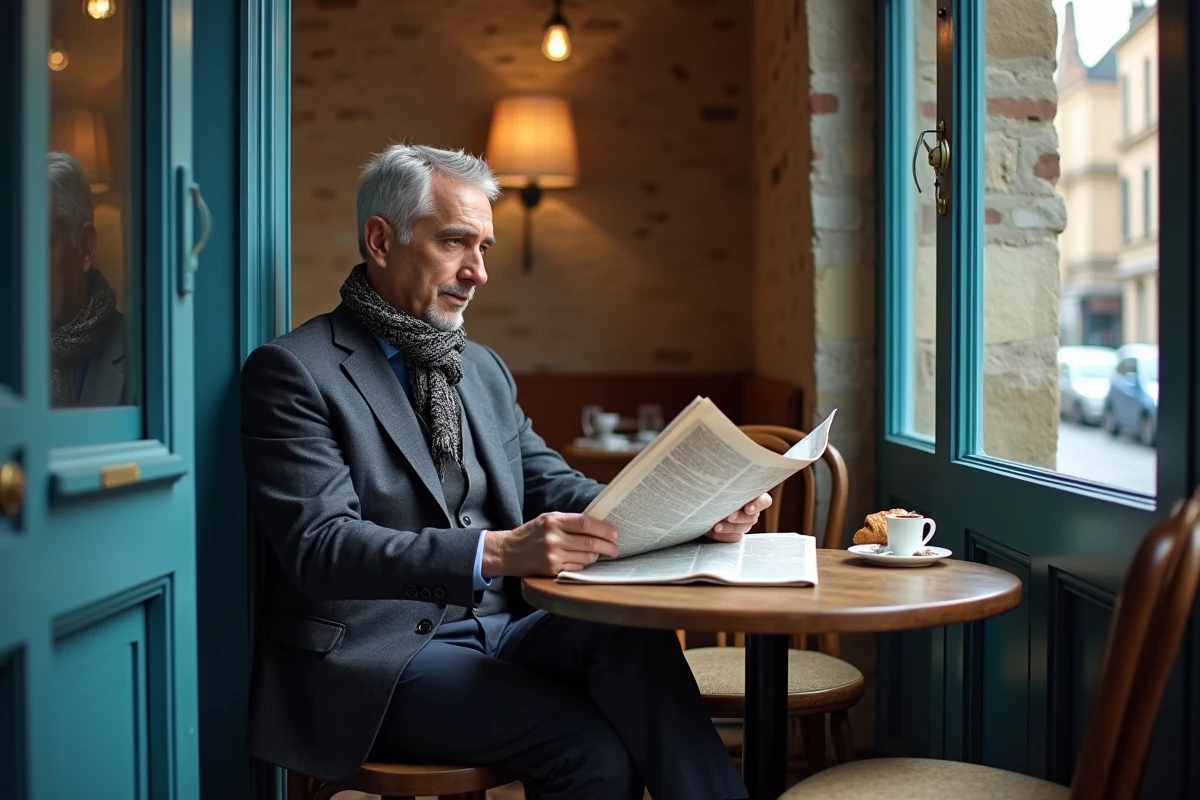Homme lisant un journal dans un bistro parisien cosy