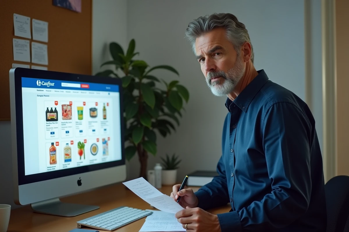 Homme comparant les prix sur un site de courses en ligne pour optimiser ses achats pas cher au supermarché
