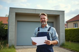 Homme en overalls devant un garage neuf construit