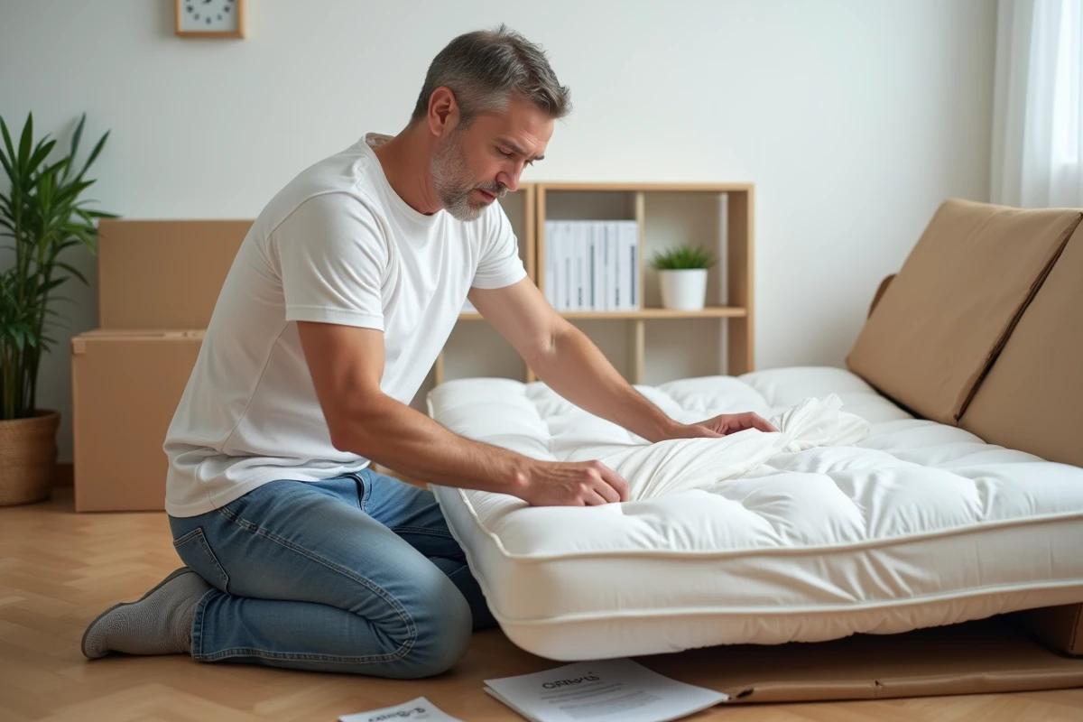 Homme d&eacute;ballant un futon dans un salon lumineux