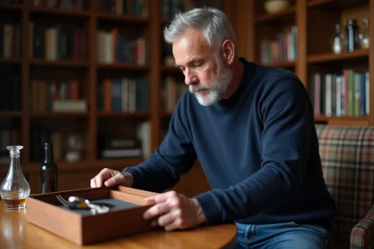 Homme d'&acirc;ge moyen ouvrant un coffret de whisky dans un bureau chaleureux