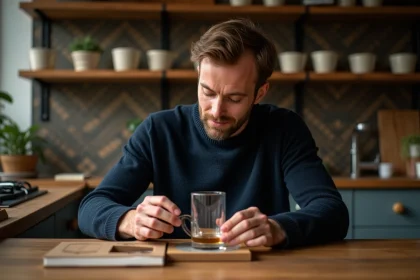 Homme en sweater bleu d&eacute;gustant whisky dans cuisine chaleureuse