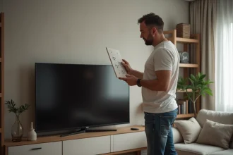 Homme d'âge moyen examinant une prise électrique dans son salon