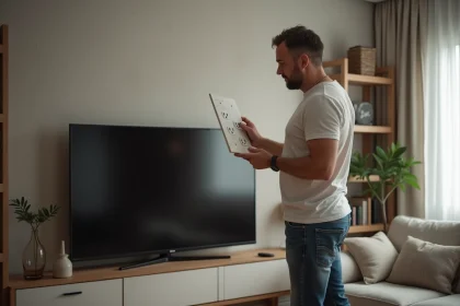 Homme d'&acirc;ge moyen examinant une prise &eacute;lectrique dans son salon