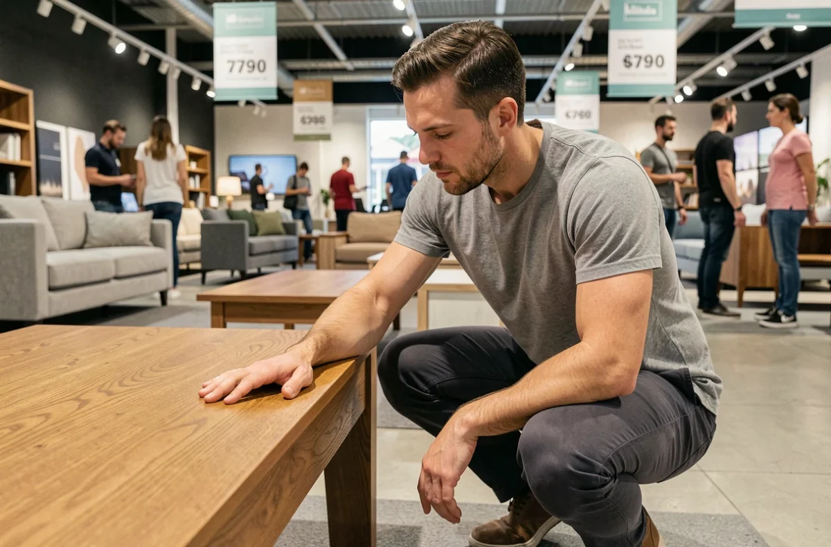 Homme inspectant la qualité d'une table basse en bois dans un magasin de meubles BUT pour identifier les bons plans