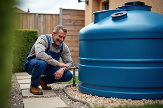 Homme en overalls inspectant un systeme d'eau de pluie