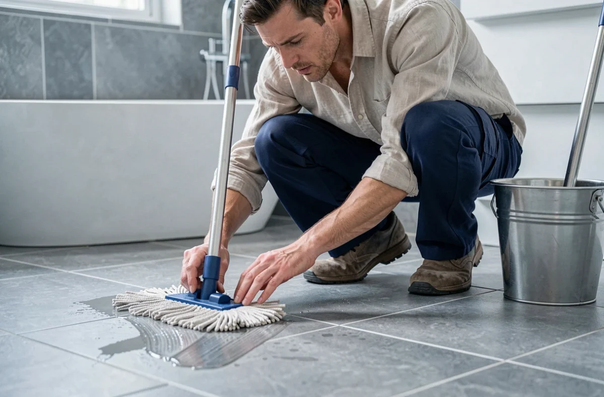 Homme inspectant les traces laissées par une serpillière essoreuse sur un carrelage de salle de bain