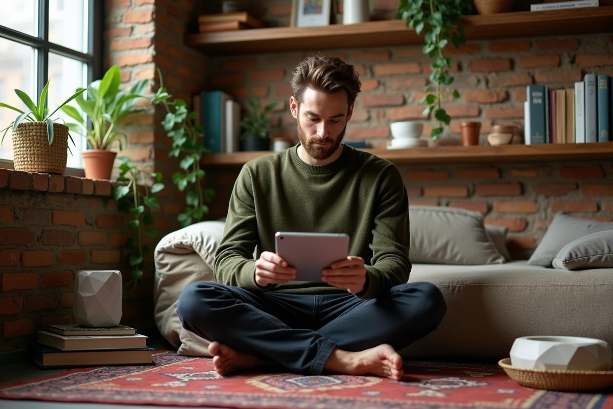 Homme consultant une application de décoration intérieure entouré d'objets tendance dans un coin atelier bohème
