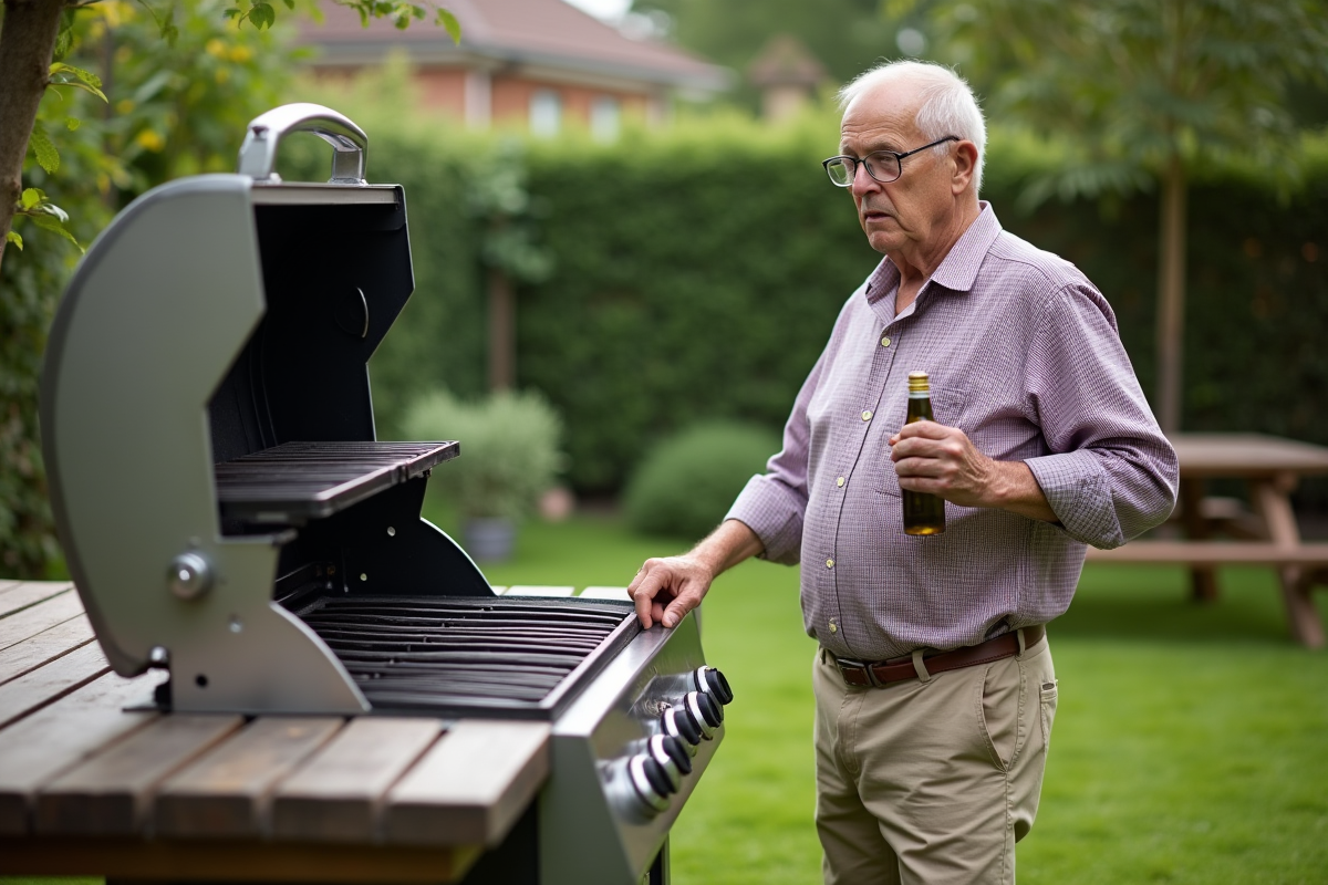Homme dans le jardin avec un barbecue et une bouteille d