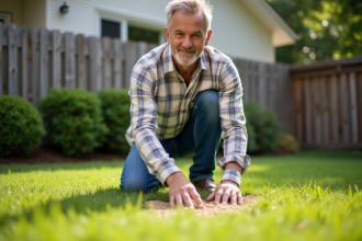 Homme d'âge moyen en jeans et chemise à carreaux en train de semer du gazon