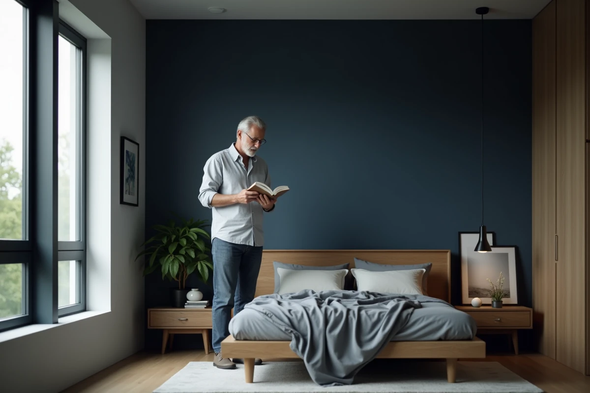 Homme lisant dans une chambre avec mur bleu marine et décoration simple