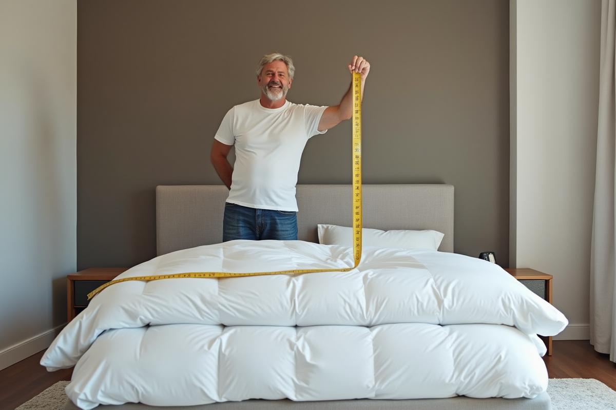 Homme mesurant un duvet avec un ruban dans la chambre moderne