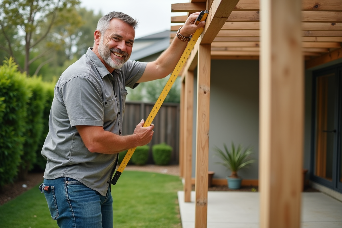 Homme mesurant des poutres pour une pergola moderne dans son jardin