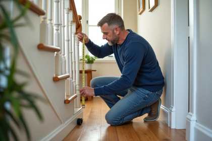 Homme mesurant un escalier intérieur avec un mètre