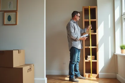 Homme mesurant une biblioth&egrave;que moderne dans un salon lumineux