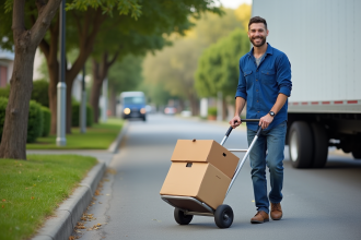 Homme souriant en bleu déplaçant des cartons devant un camion