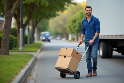 Homme souriant en bleu d&eacute;pla&ccedil;ant des cartons devant un camion