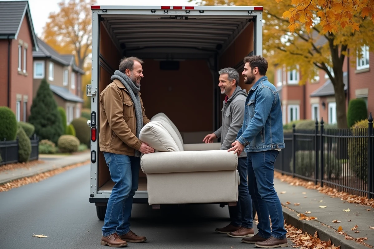 Homme discutant avec des déménageurs devant un van