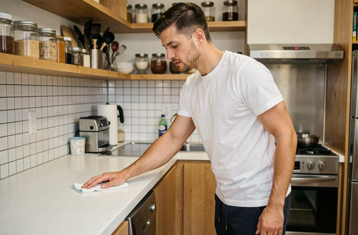 Homme en train de nettoyer le plan de travail de sa petite cuisine dans un appartement urbain
