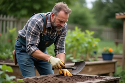 Homme en plaid nettoyant une pelle dans le jardin