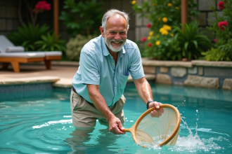 Homme souriant nettoyant une piscine naturelle avec un filet