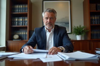 Homme d'âge moyen organisant des documents fiscaux dans un bureau