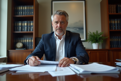 Homme d'âge moyen organisant des documents fiscaux dans un bureau