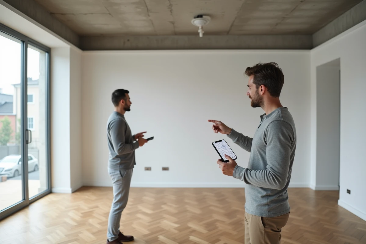Homme debout dans un appartement vide consultant une application de planification d'intérieur pour optimiser les proportions de la pièce