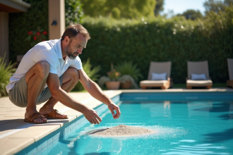 Homme d'âge moyen versant de la poudre de calcaire dans la piscine