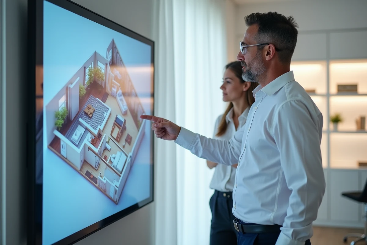 Homme expliquant un plan 3D sur un grand &eacute;cran au bureau