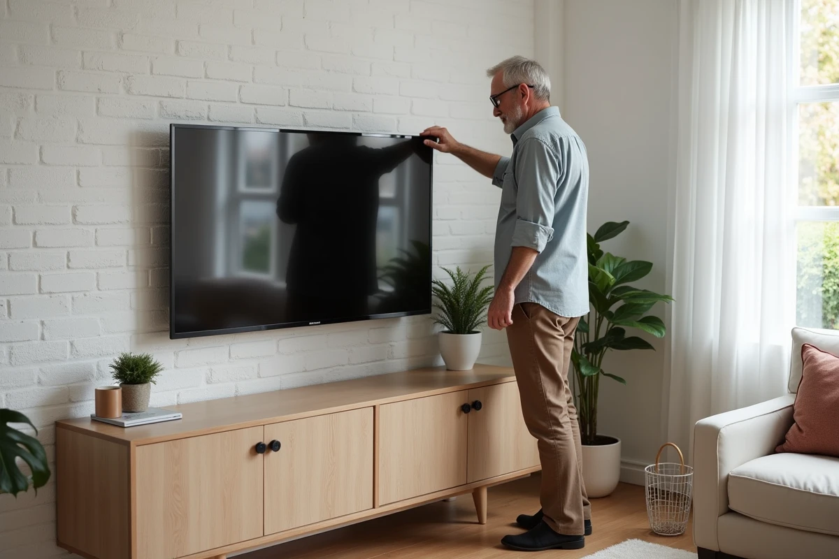 Homme ajustant une télévision murale dans un salon scandinave