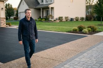 Homme en jeans et veste marche dans une allée rénovée