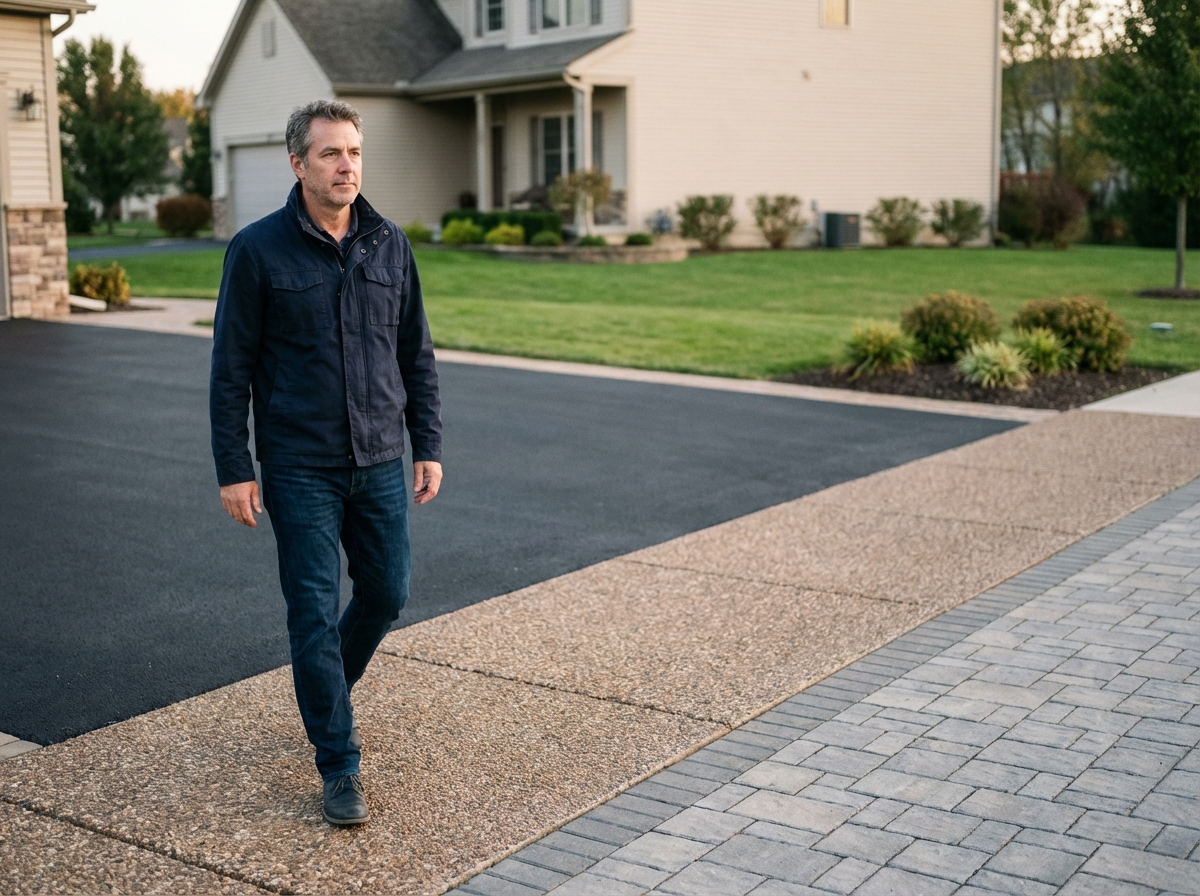 Homme en jeans et veste marche dans une allée rénovée