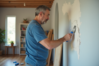 Homme d'âge moyen réparant un mur avec spatule dans un intérieur chaleureux