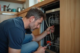 Homme d'âge moyen répare un évier de cuisine