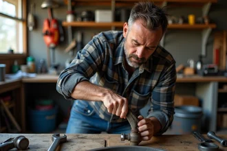 Homme d'âge moyen répare un boulon rouillé dans un garage
