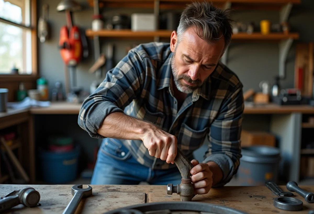 Homme d'âge moyen répare un boulon rouillé dans un garage