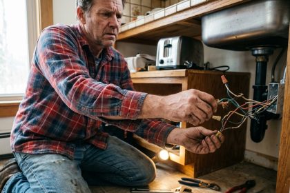 Homme d'âge moyen examine des fils électriques dénudés dans une cuisine
