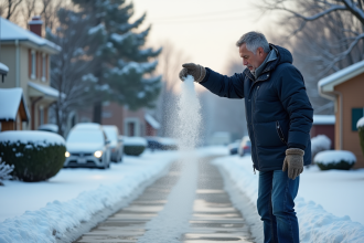 Homme salant une chaussée glacée par temps froid