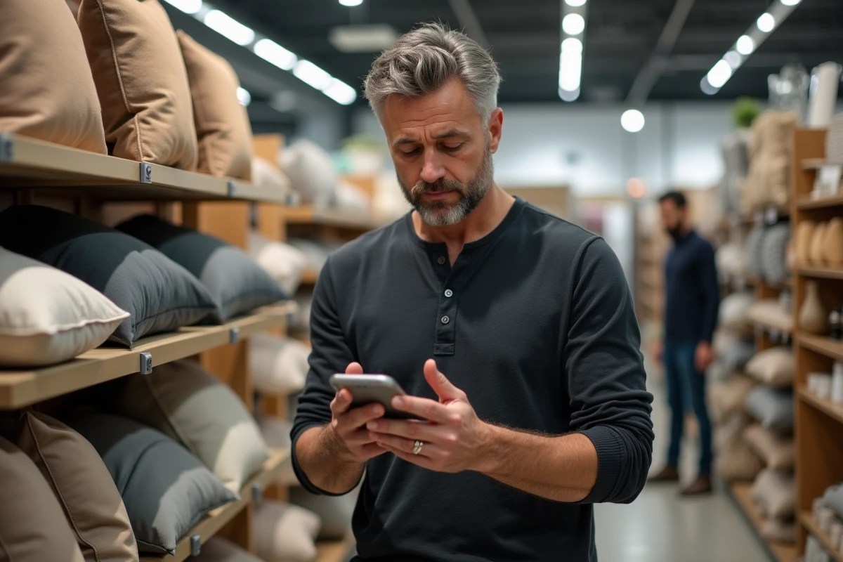 Homme comparant un simulateur de décoration sur smartphone avec des échantillons en magasin de meubles
