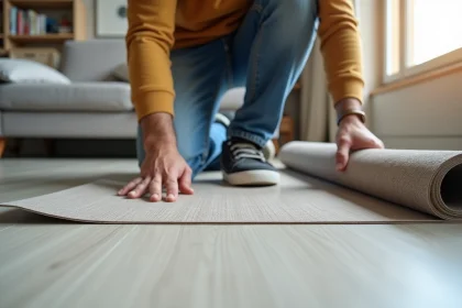 Homme d'&acirc;ge moyen d&eacute;ballant un rev&ecirc;tement PVC au sol