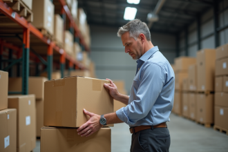 Homme d affaires inspectant un carton en entrepôt