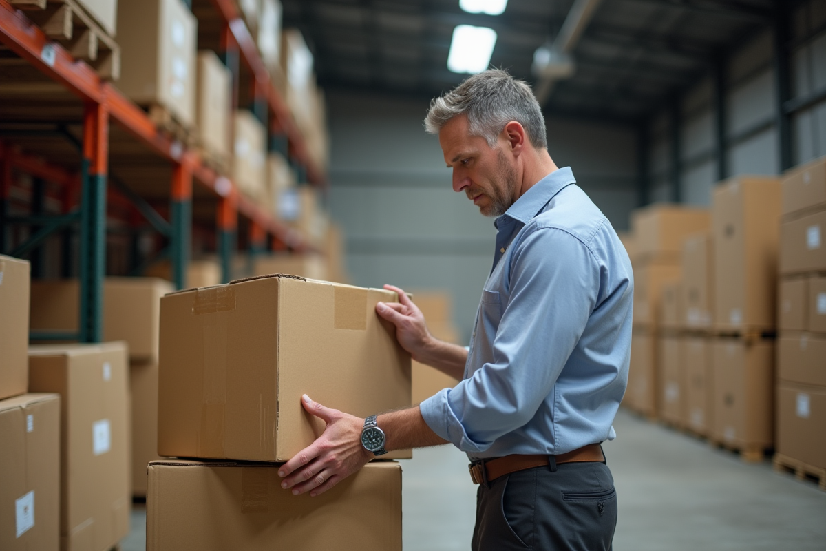 Homme d affaires inspectant un carton en entrepôt