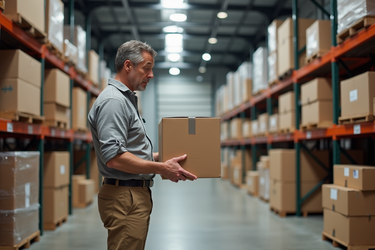 Homme inspectant une boîte dans un entrepôt moderne