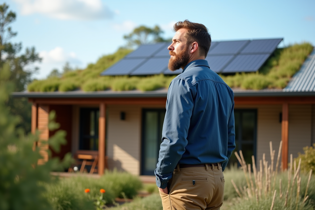 Homme inspectant des panneaux solaires sur un toit écologique