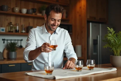 Jeune homme avec verre de whisky dans un int&eacute;rieur chaleureux