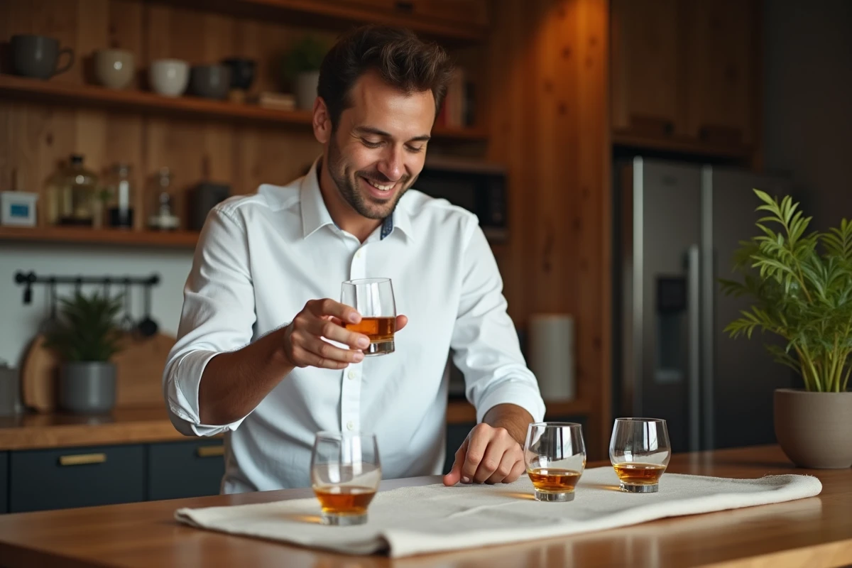 Jeune homme avec verre de whisky dans un intérieur chaleureux