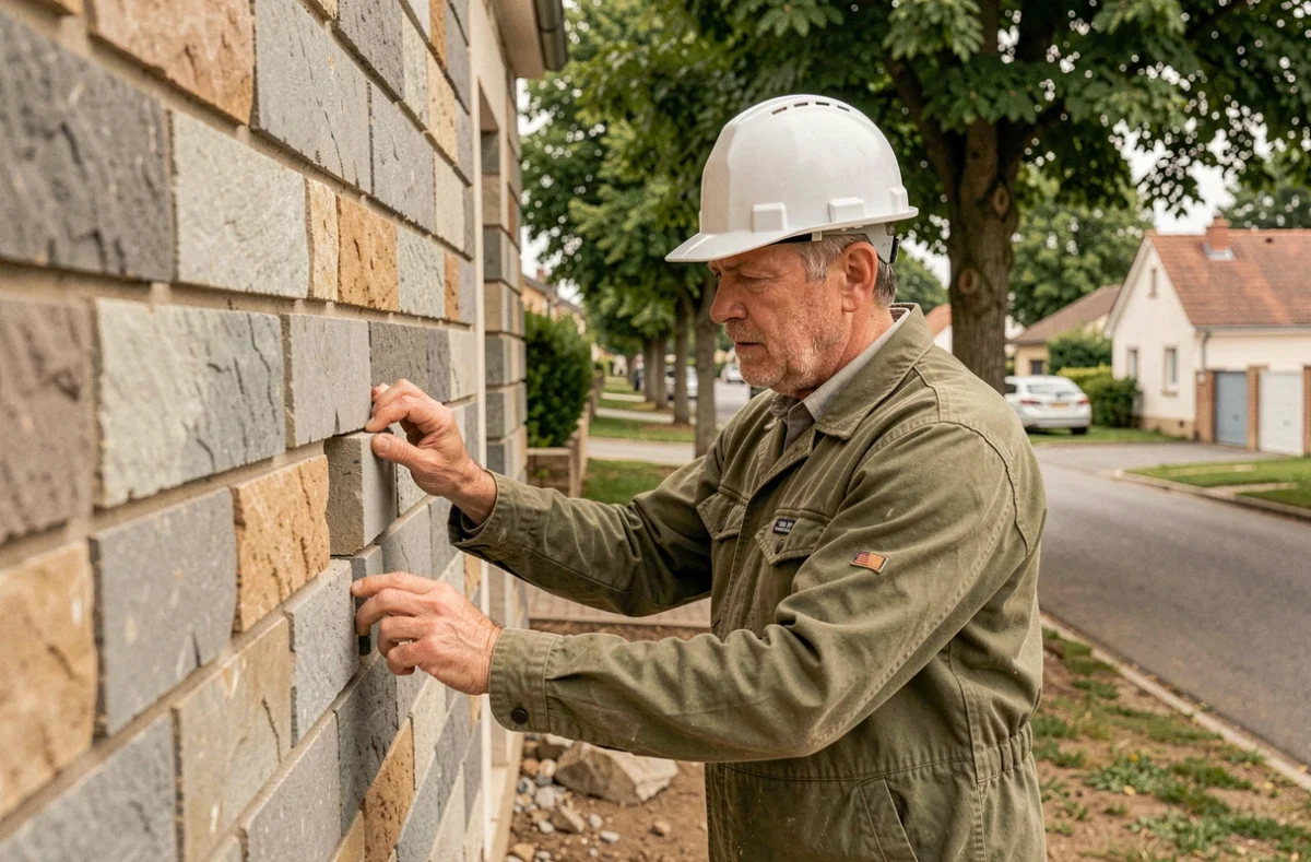 Maçon posant des blocs de pierre sur un mur extérieur dans le Val-de-Marne pour Huss SARL